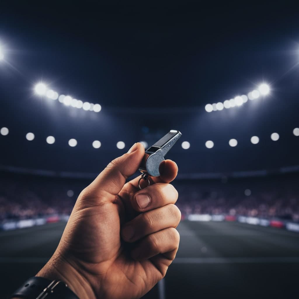 Hand holding a whistle under stadium floodlights