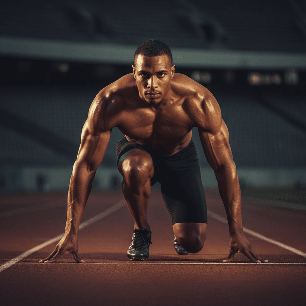 Sprinter set in the starting position on a floodlit track