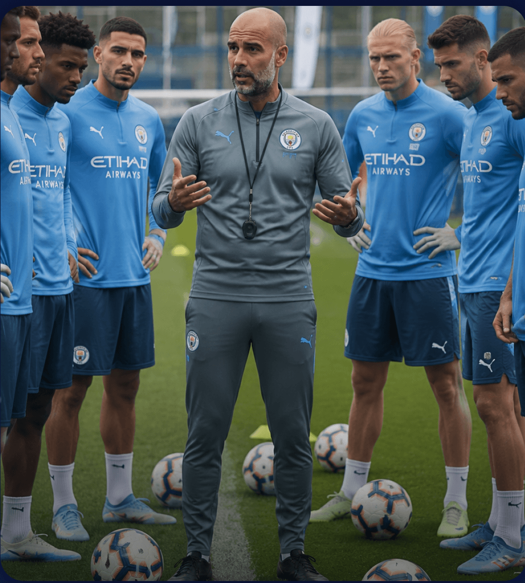 Coach addressing a squad of players on the training pitch