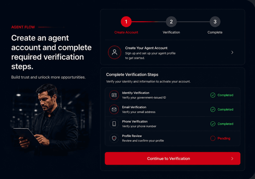 Agent account creation screen with verification steps