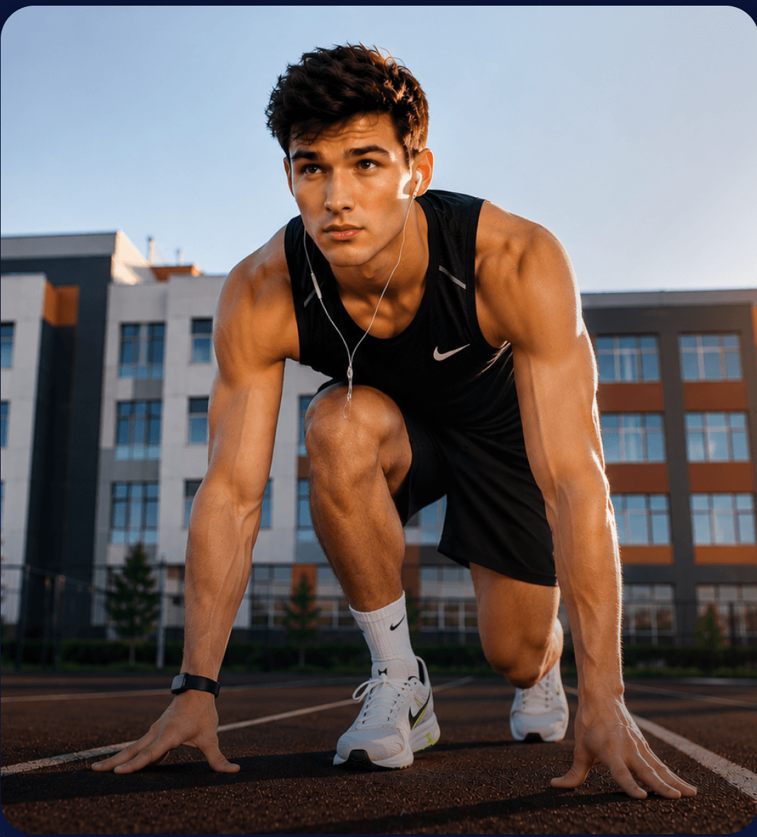 Sprinter in starting blocks on a campus track