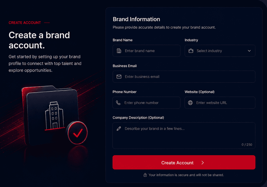 Brand account creation form with company and contact fields