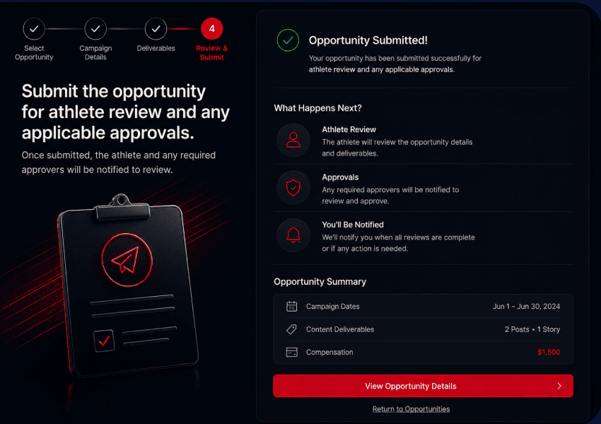 Opportunity submitted screen showing athlete review status