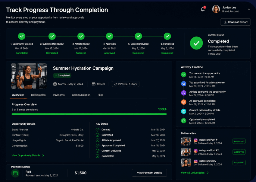 Campaign progress tracker showing deliverables through completion