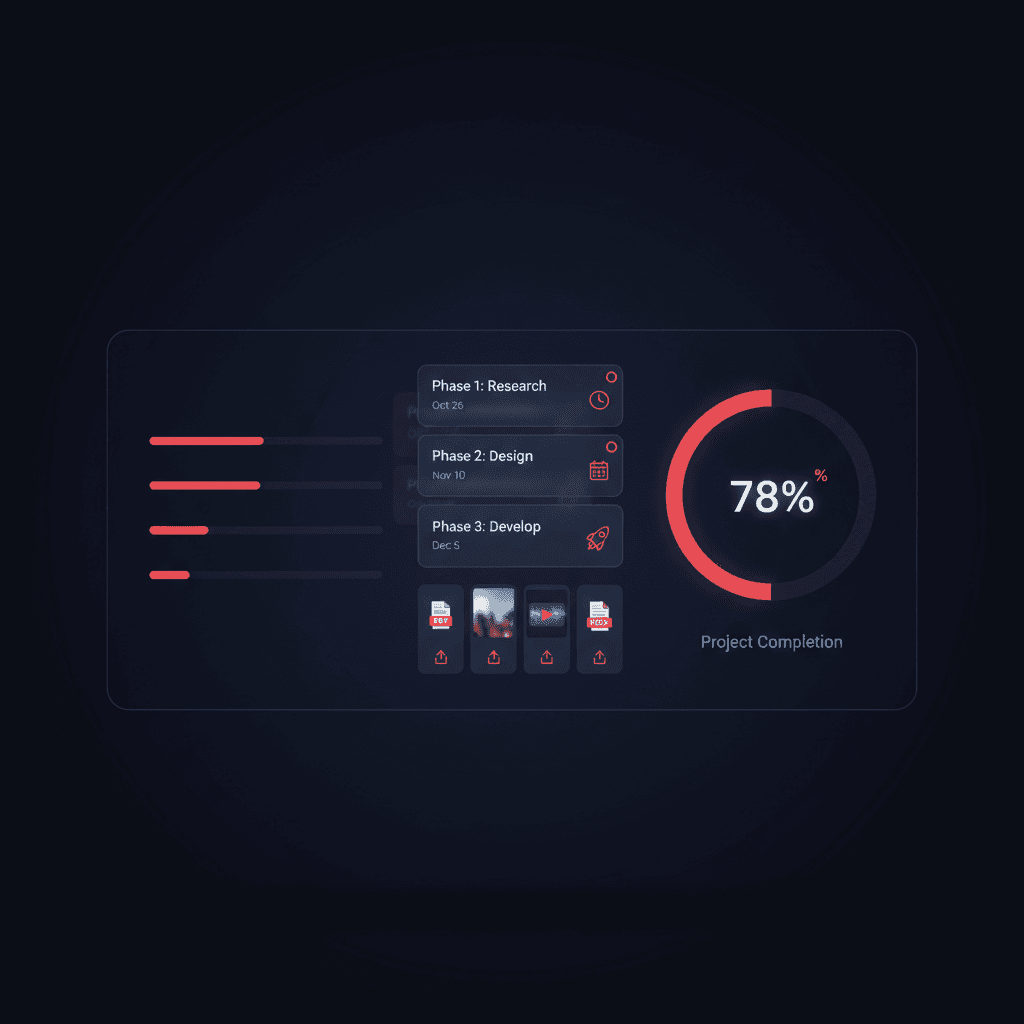Deliverable phases with upload slots and a completion dial
