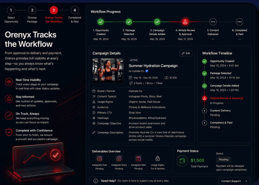 Campaign details screen with workflow timeline and deliverable overview